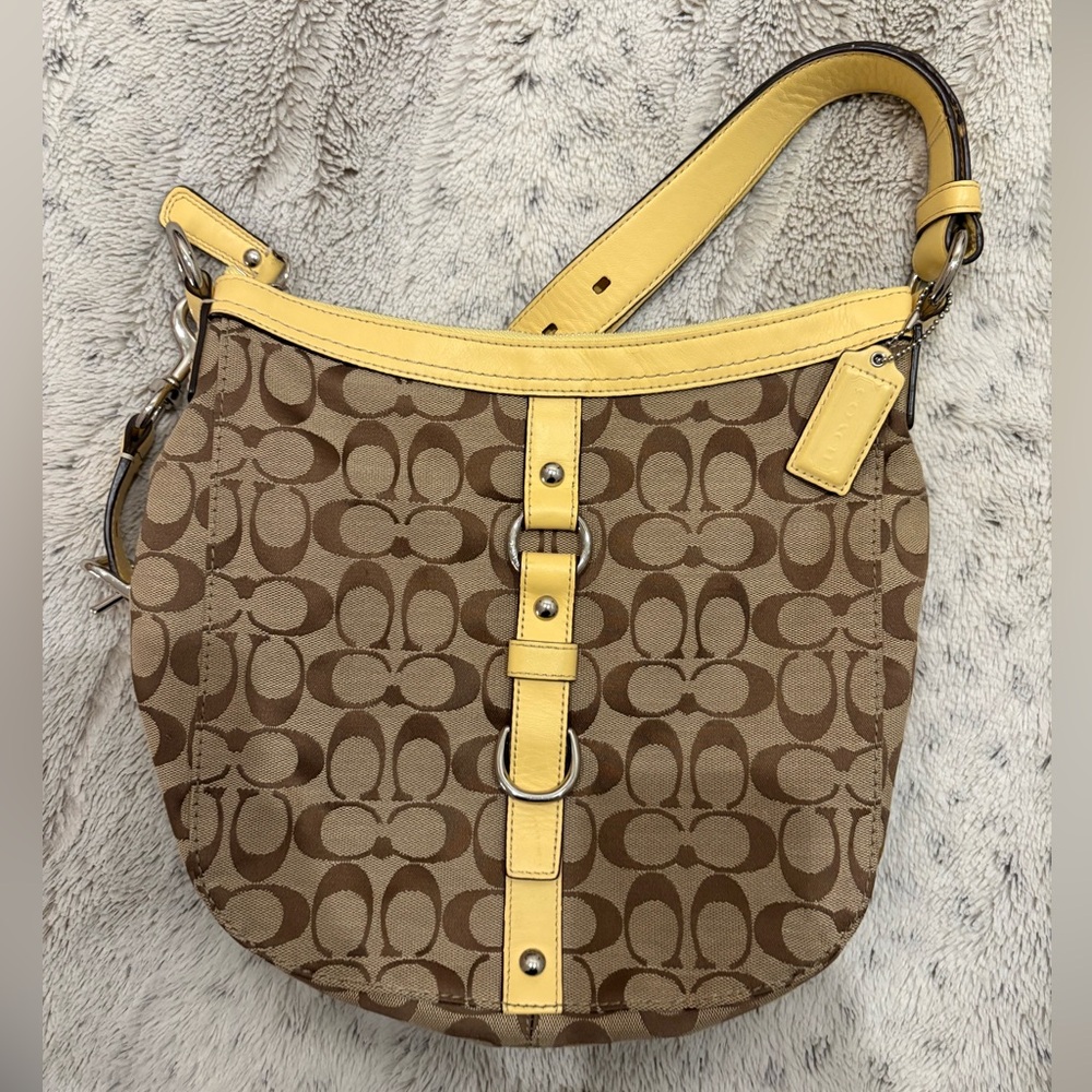 Coach Khaki Brown Yellow Signature Jacquard Leather Crossbody Bag